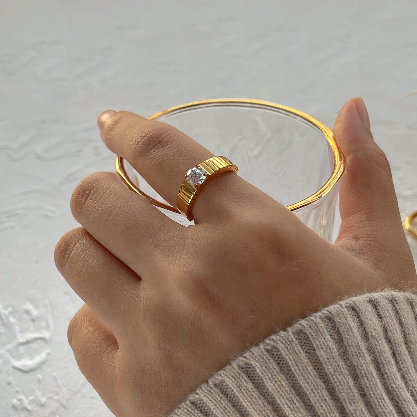Stainless Steel Striped Solitaire Zircon Ring Women's
