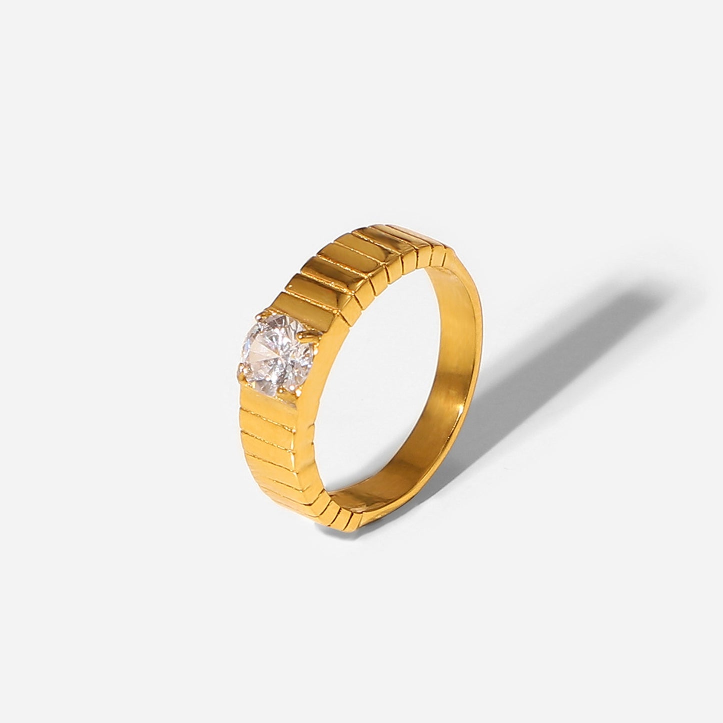Stainless Steel Striped Solitaire Zircon Ring Women's