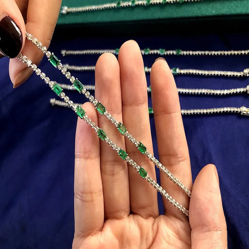 Aazuo Real 18K White Gold Natrual Square Emeralds Real Diamonds Tennis Bracelets For Woman Upscale Trendy Engagement Party