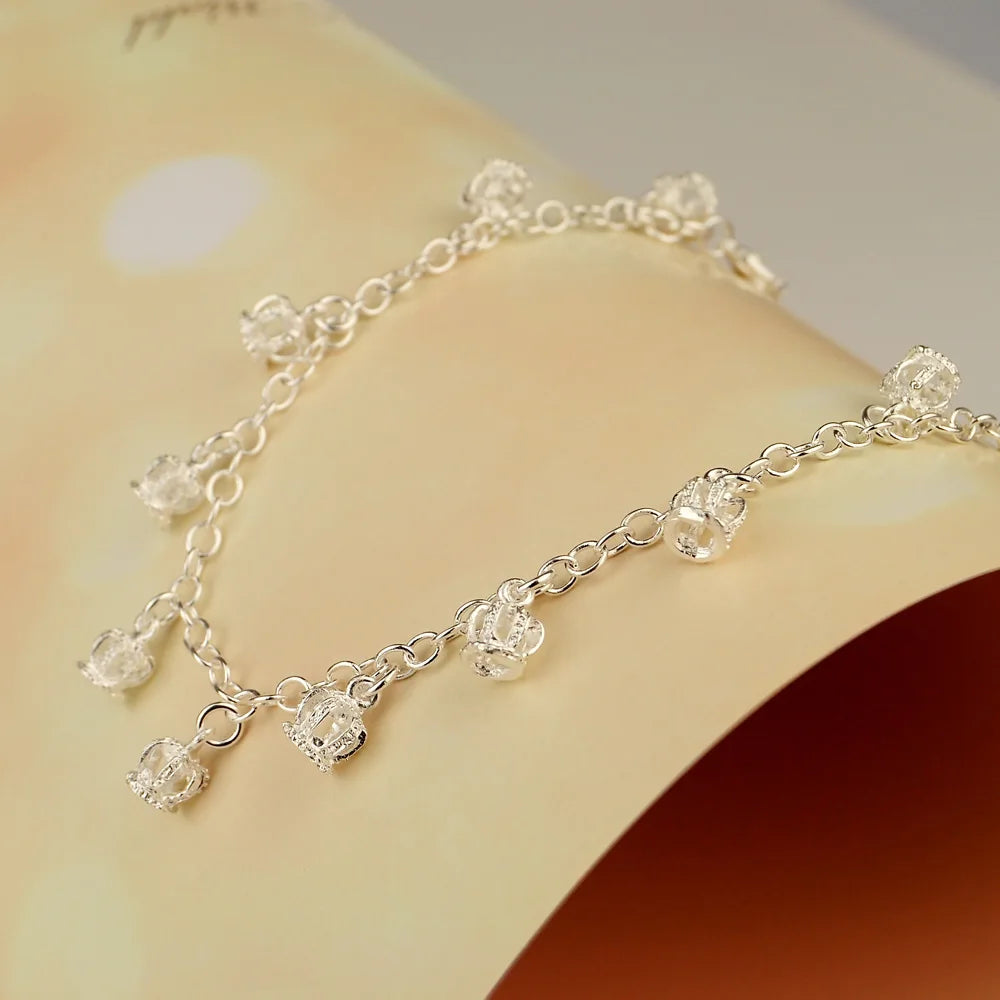 100% 925 Sterling Silver Crown Anklets for Women Foot Jewelry Summer Beach Barefoot Sandals Bracelet on the leg Female Ankle