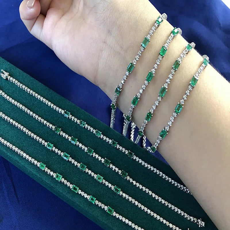 Aazuo Real 18K White Gold Natrual Square Emeralds Real Diamonds Tennis Bracelets For Woman Upscale Trendy Engagement Party