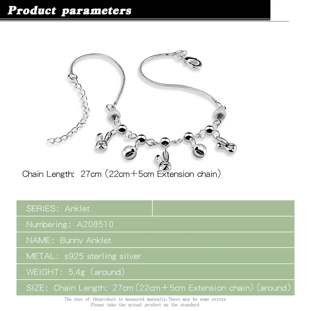 Summer Beach Women Round Snake Chain Rabbit Bell Anklet Simplicity Temperament 925 Sterling Silver Jewelry Holidays