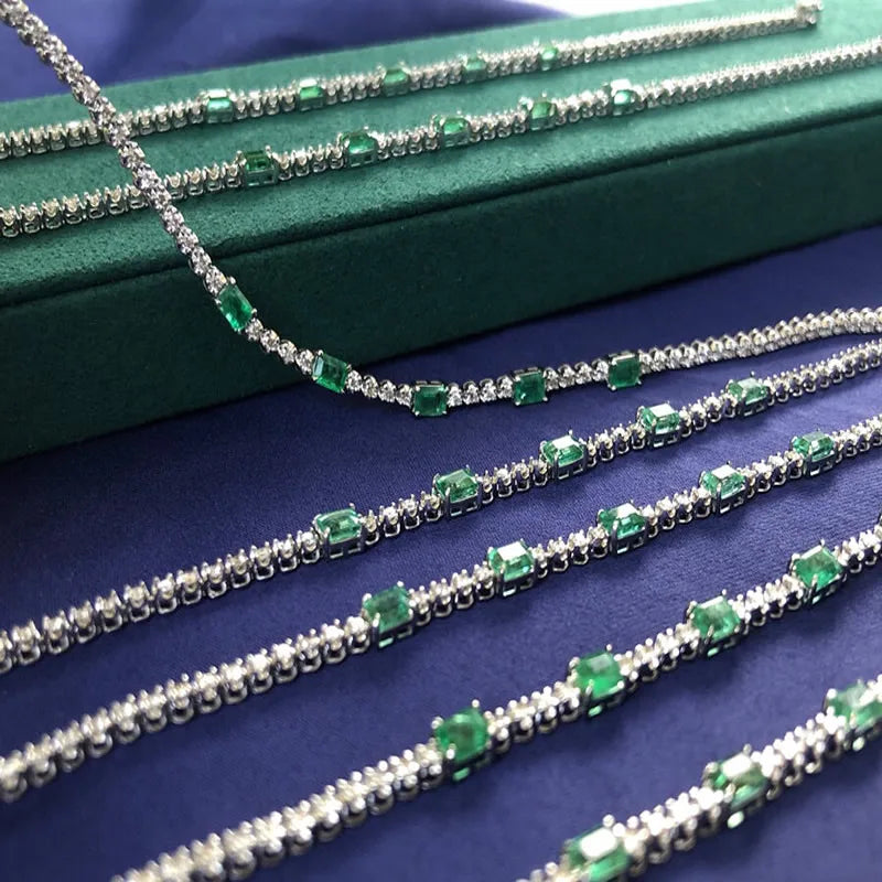 Aazuo Real 18K White Gold Natrual Square Emeralds Real Diamonds Tennis Bracelets For Woman Upscale Trendy Engagement Party