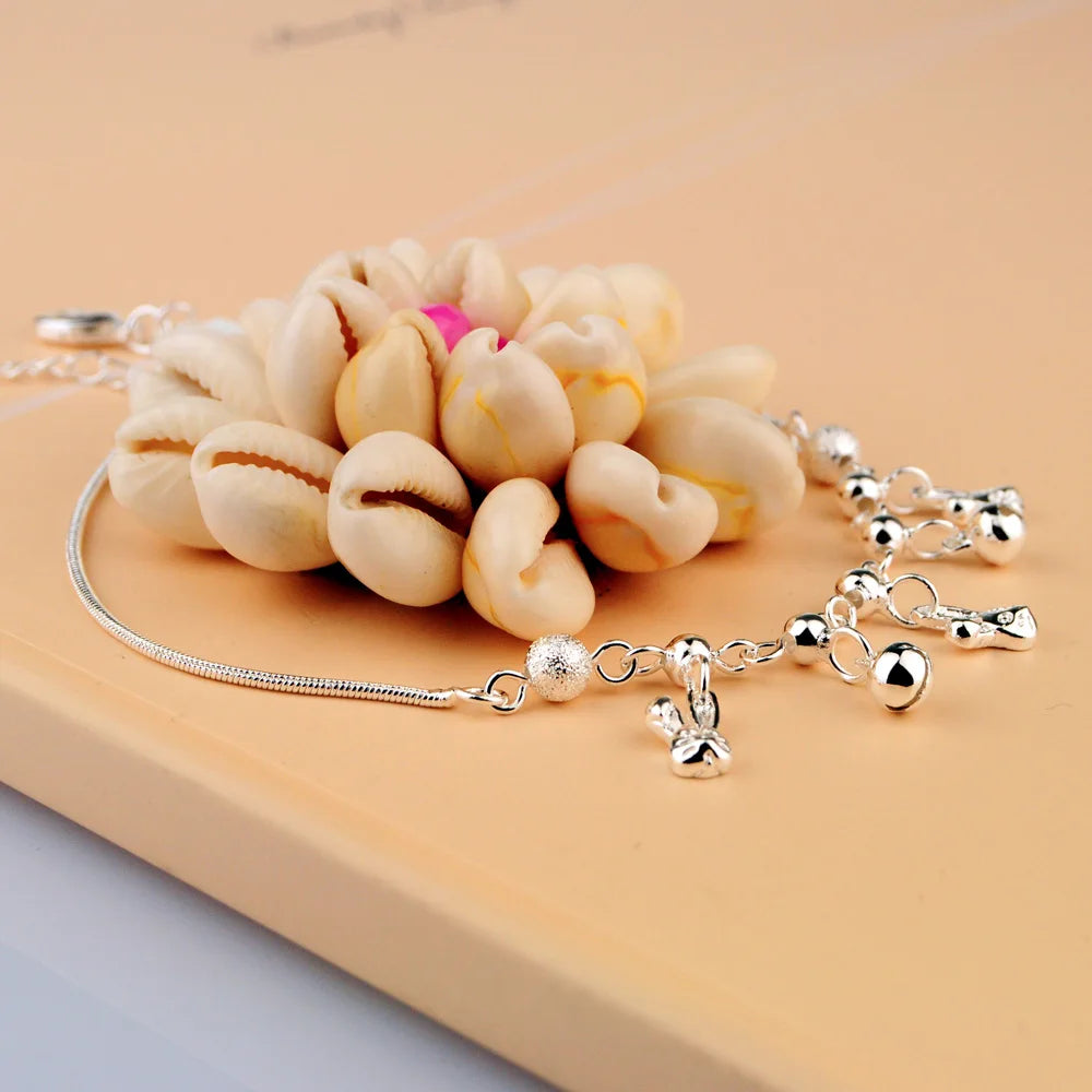 Summer Beach Women Round Snake Chain Rabbit Bell Anklet Simplicity Temperament 925 Sterling Silver Jewelry Holidays