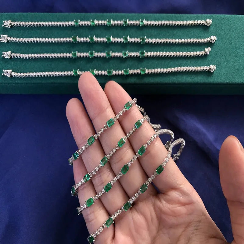 Aazuo Real 18K White Gold Natrual Square Emeralds Real Diamonds Tennis Bracelets For Woman Upscale Trendy Engagement Party