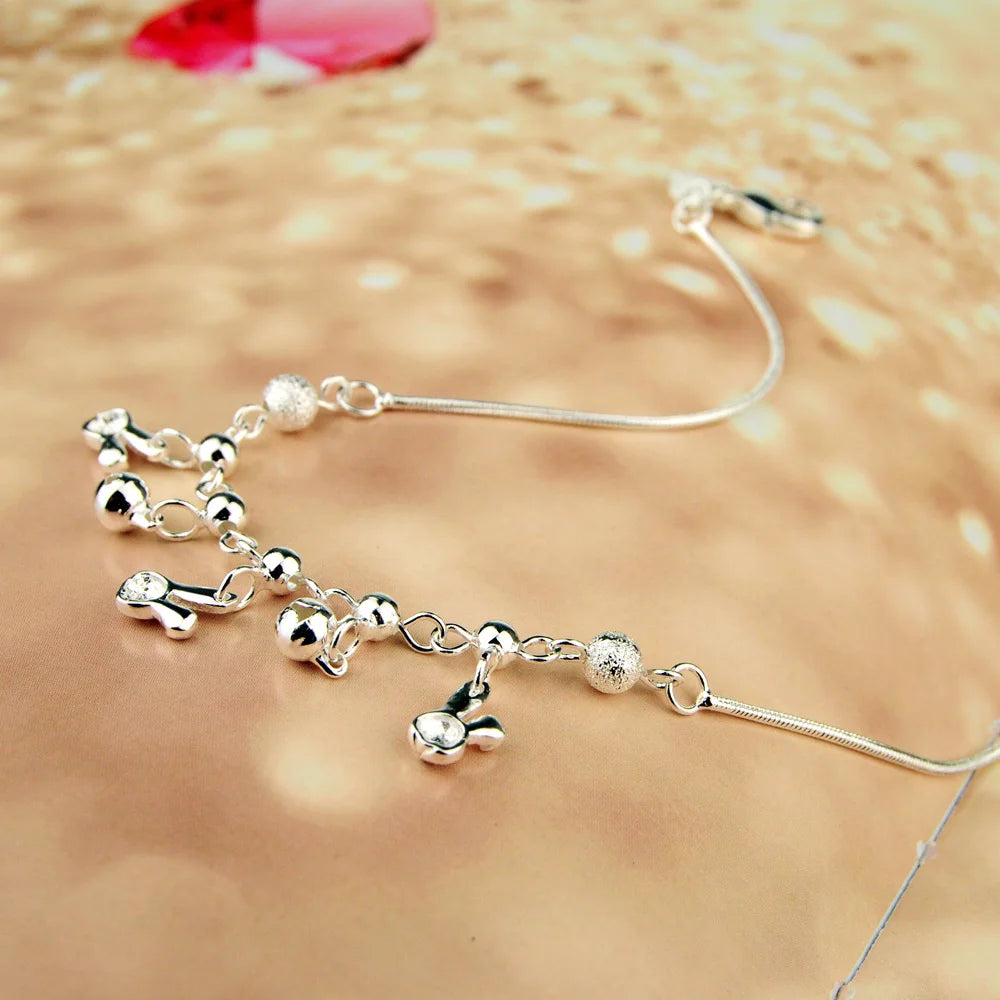 Summer Beach Women Round Snake Chain Rabbit Bell Anklet Simplicity Temperament 925 Sterling Silver Jewelry Holidays