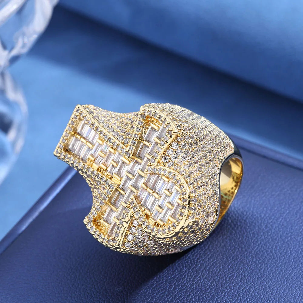 Round T-shaped Diamond Holiday Gift Cuban Men's Ring Sparkling 18k Gold-Plated Cross Ring Hip-Hop Style Iced Out Diamond