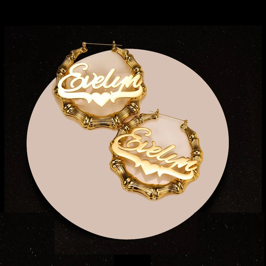 Acheerup Customized Name 5mm Cuban Chain Necklace for Women Stainless Steel 50mm Bamboo Hoop Earrings Pendant Jewelry Set Gift