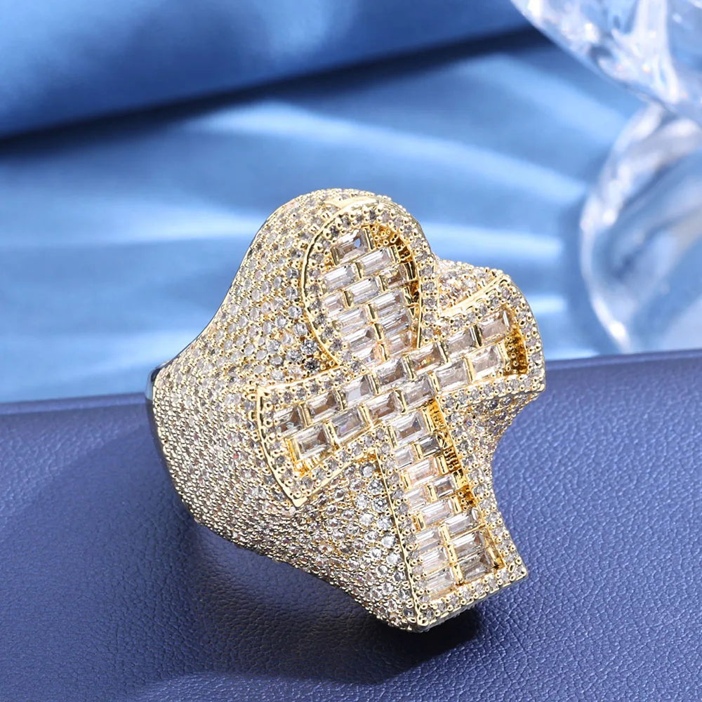Round T-shaped Diamond Holiday Gift Cuban Men's Ring Sparkling 18k Gold-Plated Cross Ring Hip-Hop Style Iced Out Diamond