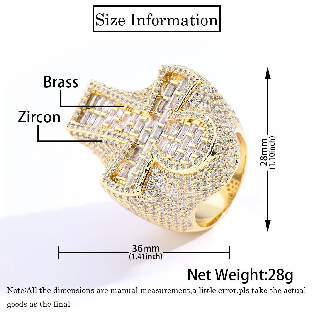Round T-shaped Diamond Holiday Gift Cuban Men's Ring Sparkling 18k Gold-Plated Cross Ring Hip-Hop Style Iced Out Diamond