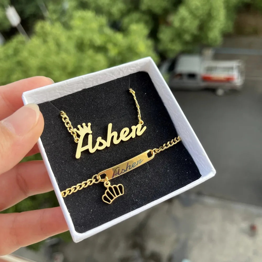 DUOYING Custom Name Necklace For Boys Cuban Chain Customized Nameplate Crown Bracelet Men Stianless Steel Jewelry Set