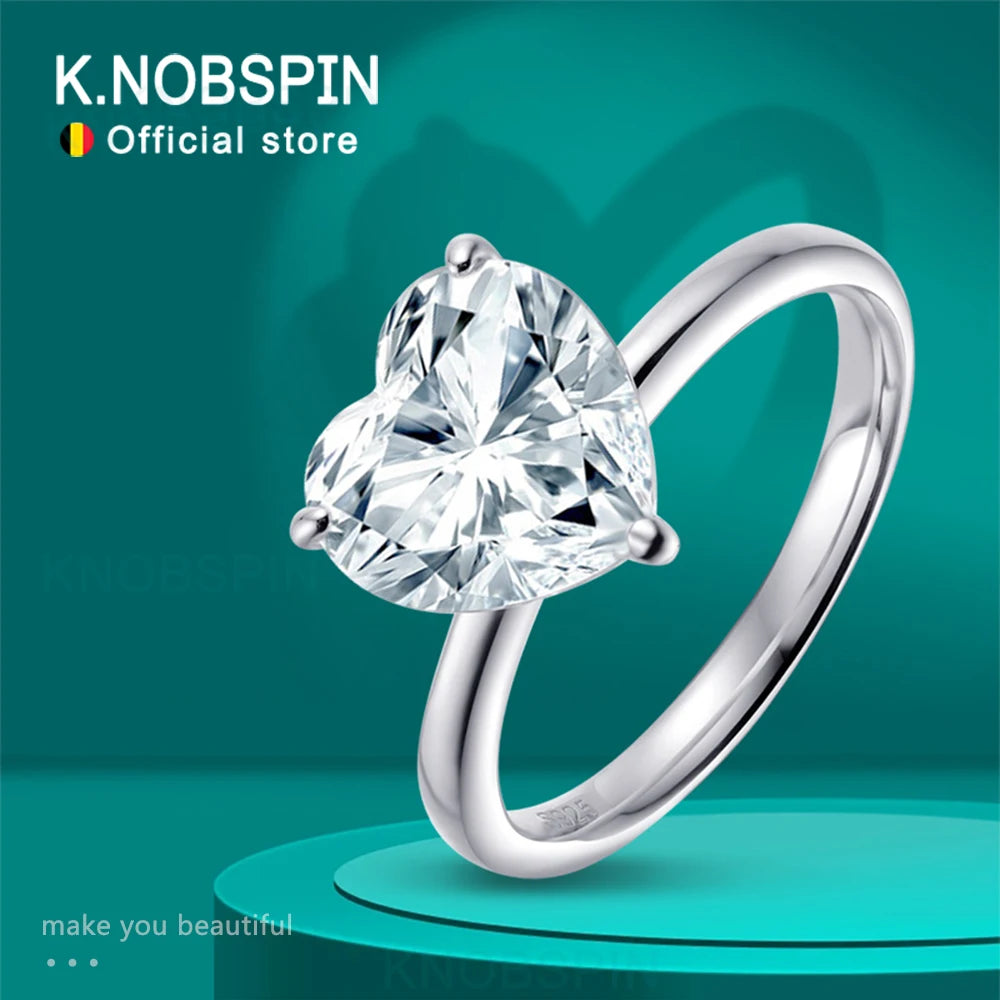 KNOBSPIN 10x10mm 4ct Heart Moissanite Ring with Certificate Original s925 Silver plated 18k Rings for Women Wedding Gift Jewelry