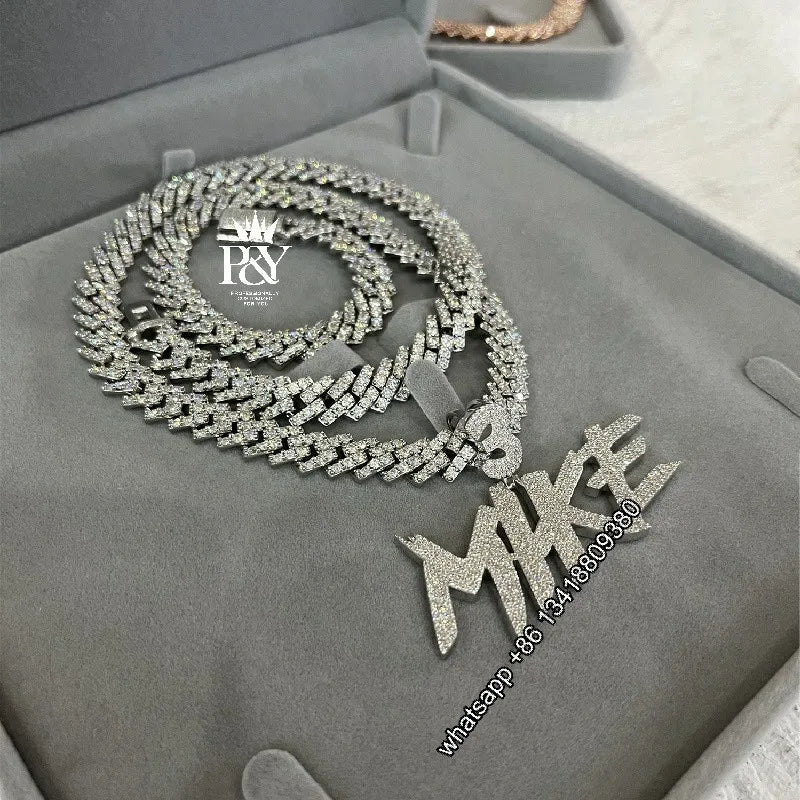 JEWE Custom Iced Out Vvs Moissanite Diamond Name Pendant With Cuban Link Chain 925 Sterling Silver Men Jewelry Hiphop Necklace