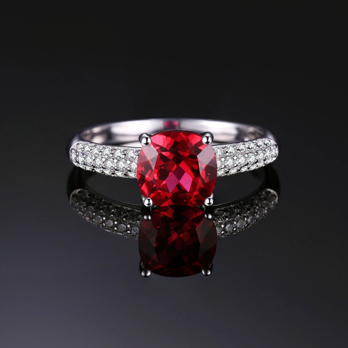 JewelryPalace 2.2ct Created Red Ruby 925 Sterling Silver Solitaire Engagement Ring for Women Cushion Cut Gemstone Wedding Gift