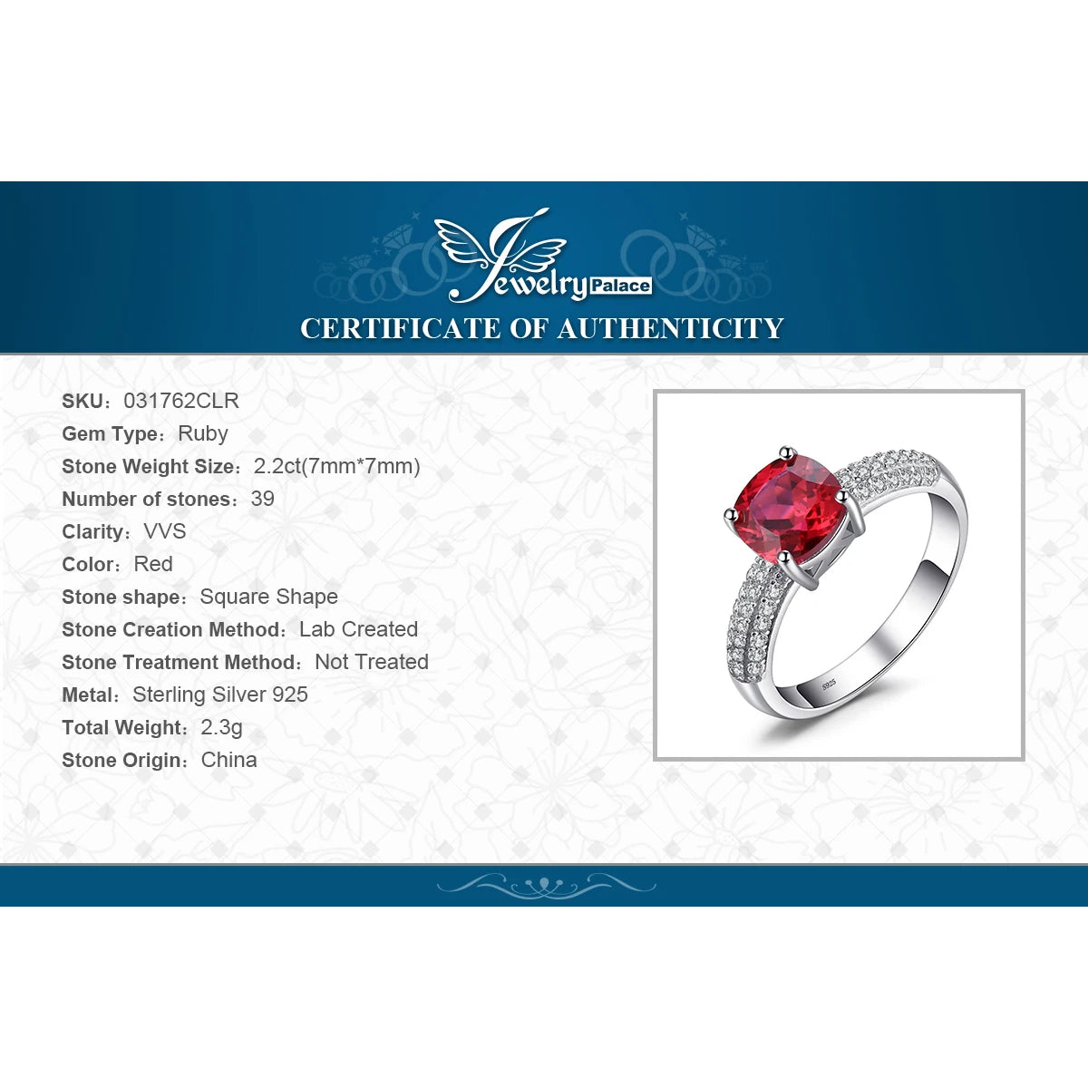 JewelryPalace 2.2ct Created Red Ruby 925 Sterling Silver Solitaire Engagement Ring for Women Cushion Cut Gemstone Wedding Gift