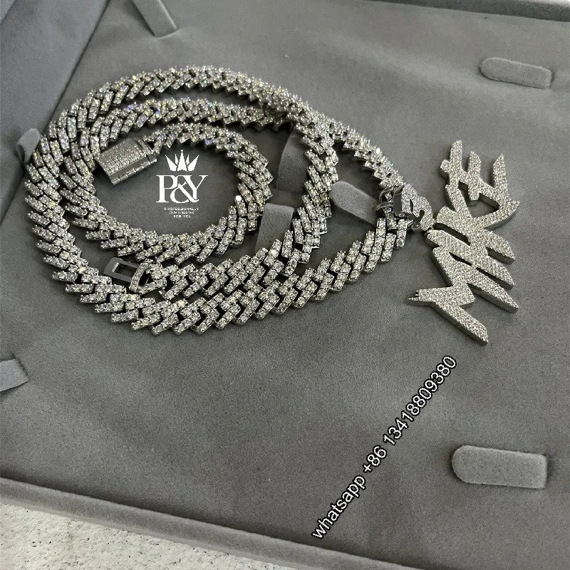 JEWE Custom Iced Out Vvs Moissanite Diamond Name Pendant With Cuban Link Chain 925 Sterling Silver Men Jewelry Hiphop Necklace