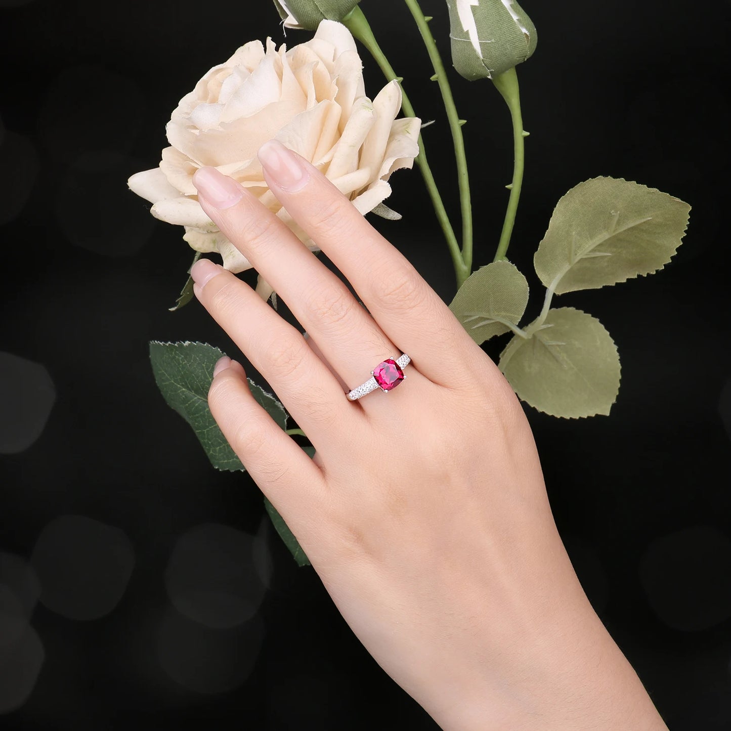 JewelryPalace 2.2ct Created Red Ruby 925 Sterling Silver Solitaire Engagement Ring for Women Cushion Cut Gemstone Wedding Gift