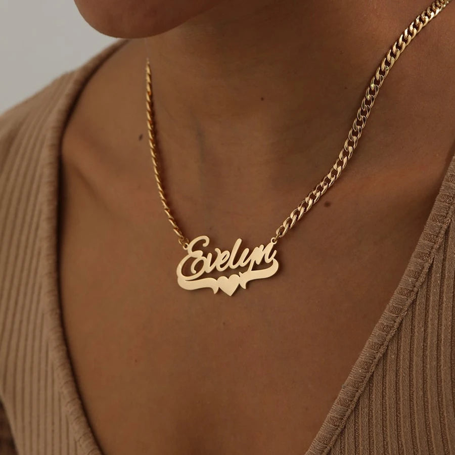 Acheerup Customized Name 5mm Cuban Chain Necklace for Women Stainless Steel 50mm Bamboo Hoop Earrings Pendant Jewelry Set Gift