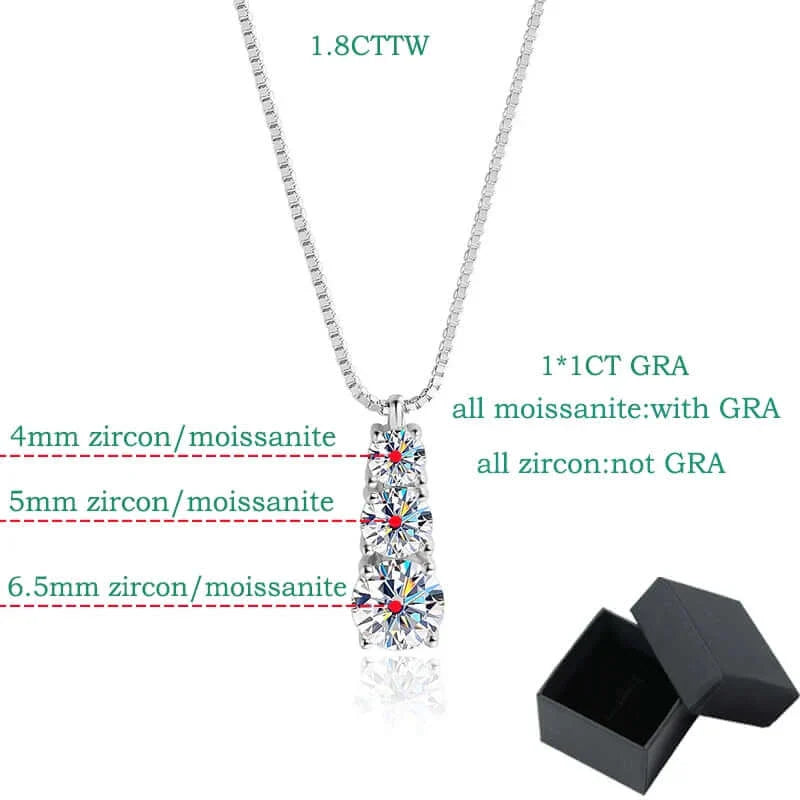1.8CT Moissanite Pendant Necklace for Women & Men – 3-Stone Sparkling Diamond Jewelry