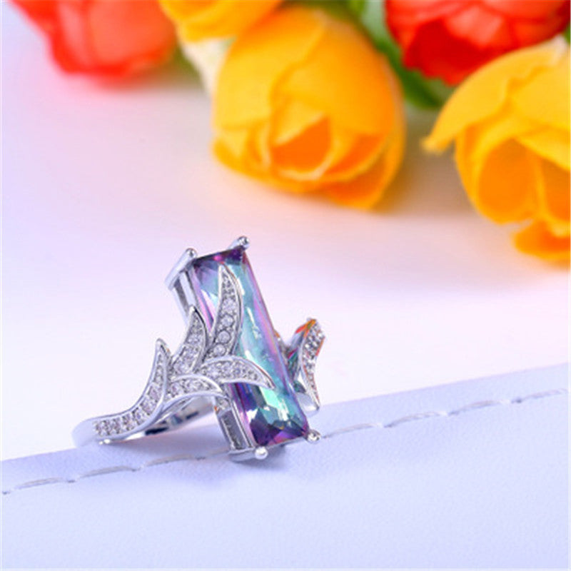 Seven-color Topaz Solitaire Ring With Personality Inlaid Rainbow Gemstone Ring