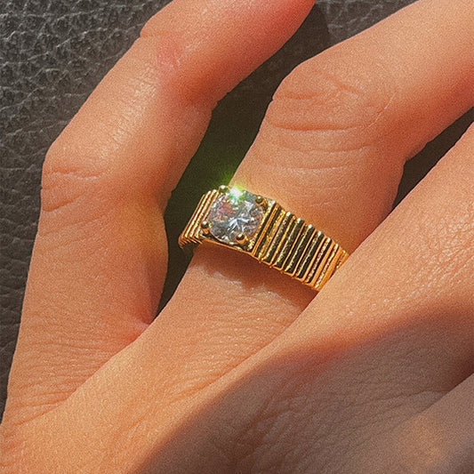 Stainless Steel Striped Solitaire Zircon Ring Women's
