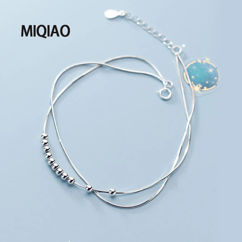 Bracelet On The Leg Ankle Women Silver 925 Foot Ornament Sterling Double Female Fashion Snake Chain Simple Round Beads