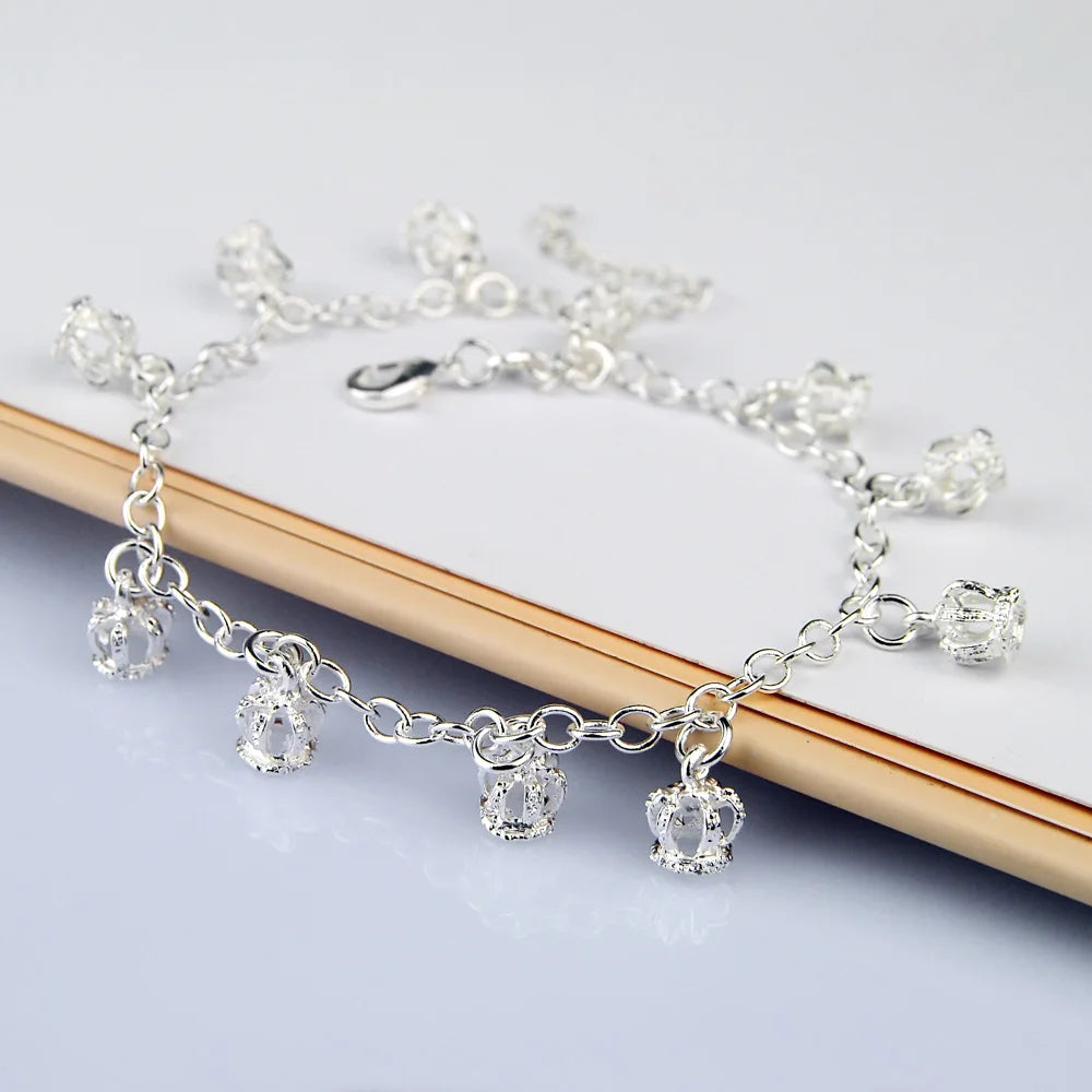 100% 925 Sterling Silver Crown Anklets for Women Foot Jewelry Summer Beach Barefoot Sandals Bracelet on the leg Female Ankle
