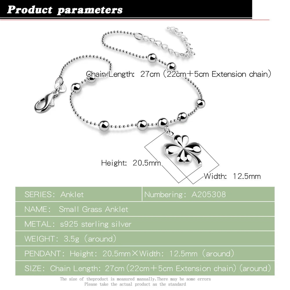 Fashion Summer Accessories Clover Anklet 925 Sterling Silver Beach Anklet Charm Women Flower