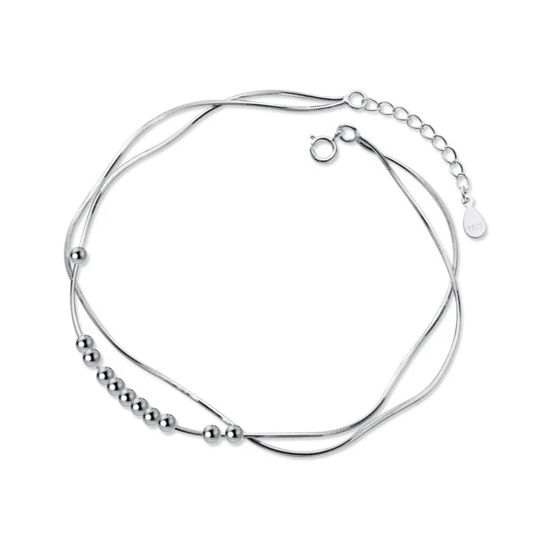 Bracelet On The Leg Ankle Women Silver 925 Foot Ornament Sterling Double Female Fashion Snake Chain Simple Round Beads
