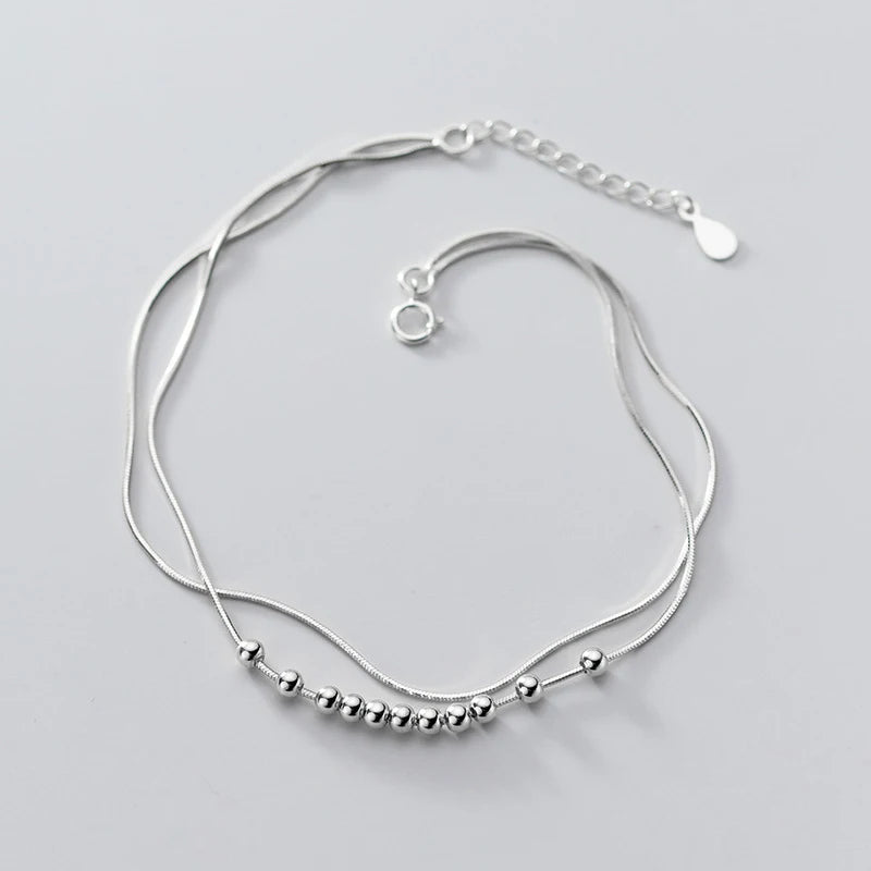 Bracelet On The Leg Ankle Women Silver 925 Foot Ornament Sterling Double Female Fashion Snake Chain Simple Round Beads