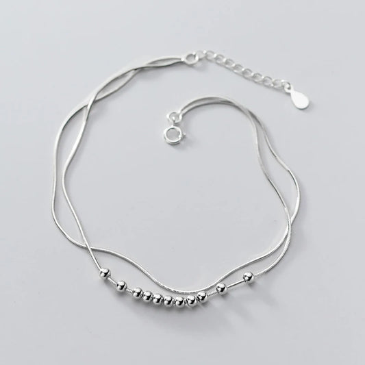 Bracelet On The Leg Ankle Women Silver 925 Foot Ornament Sterling Double Female Fashion Snake Chain Simple Round Beads