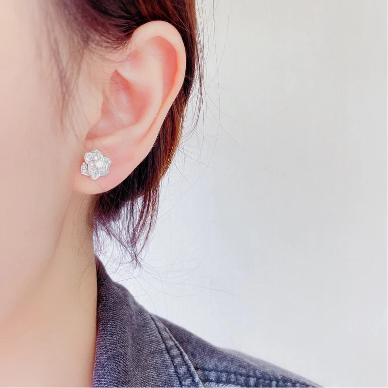 Aazuo Real 18K White Gold Real Diamonds 0.45ct Classic 10MM Rose Stud Earrings Gifted For Women Advanced Wedding Party Au750