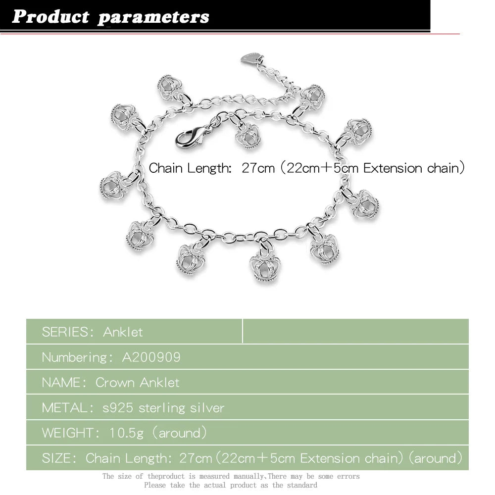 100% 925 Sterling Silver Crown Anklets for Women Foot Jewelry Summer Beach Barefoot Sandals Bracelet on the leg Female Ankle
