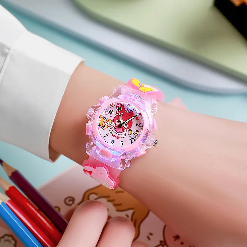 Kawaii Sanrio Watch Cinnamoroll Melody Children LED Luminous Watch Kuromi Hello Kitty Student Wrist Watch Kids Birthday Gift Toy