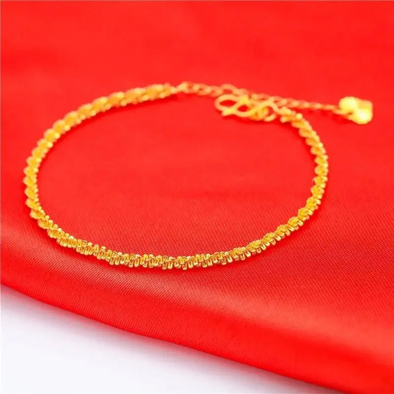 Real Copper Plated 24K Gold Color Bracelet Women's Foot Chain Adjustable Waterproof Ribbon Steel Seal 999 Stamp Jewelry