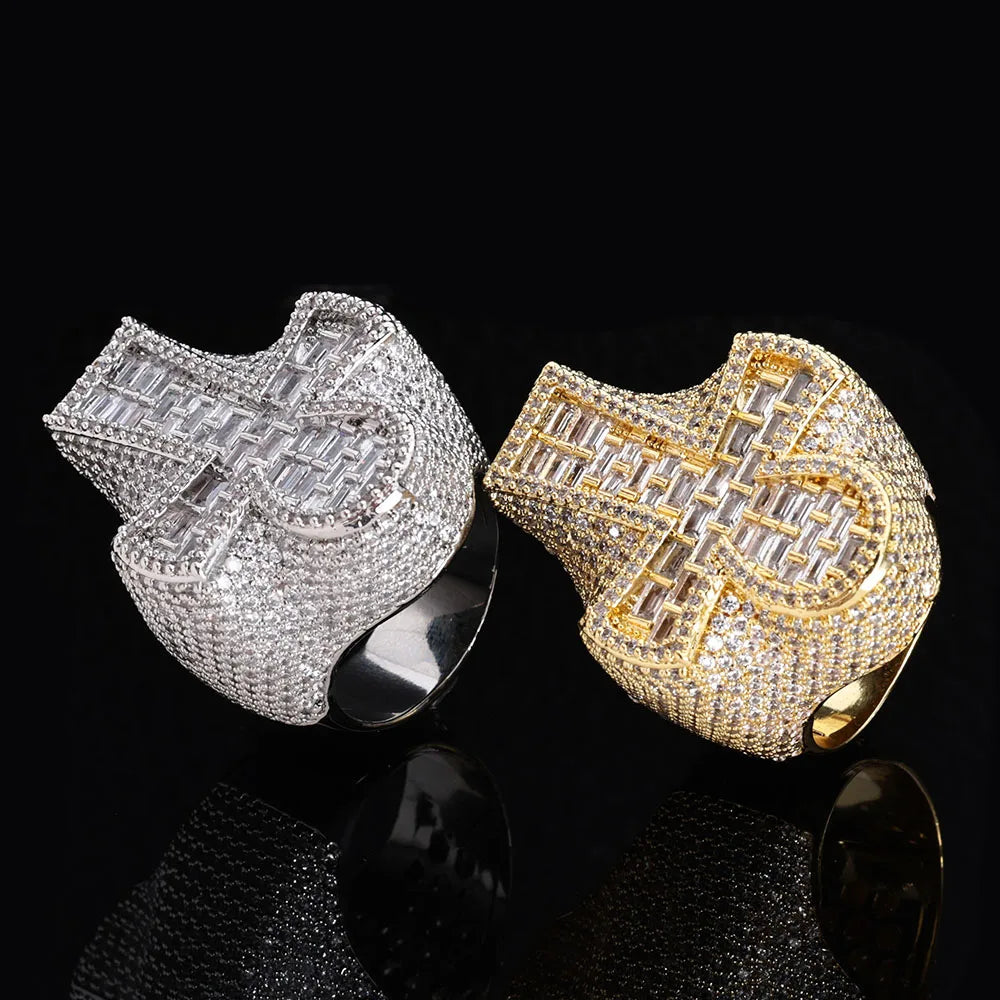 Round T-shaped Diamond Holiday Gift Cuban Men's Ring Sparkling 18k Gold-Plated Cross Ring Hip-Hop Style Iced Out Diamond