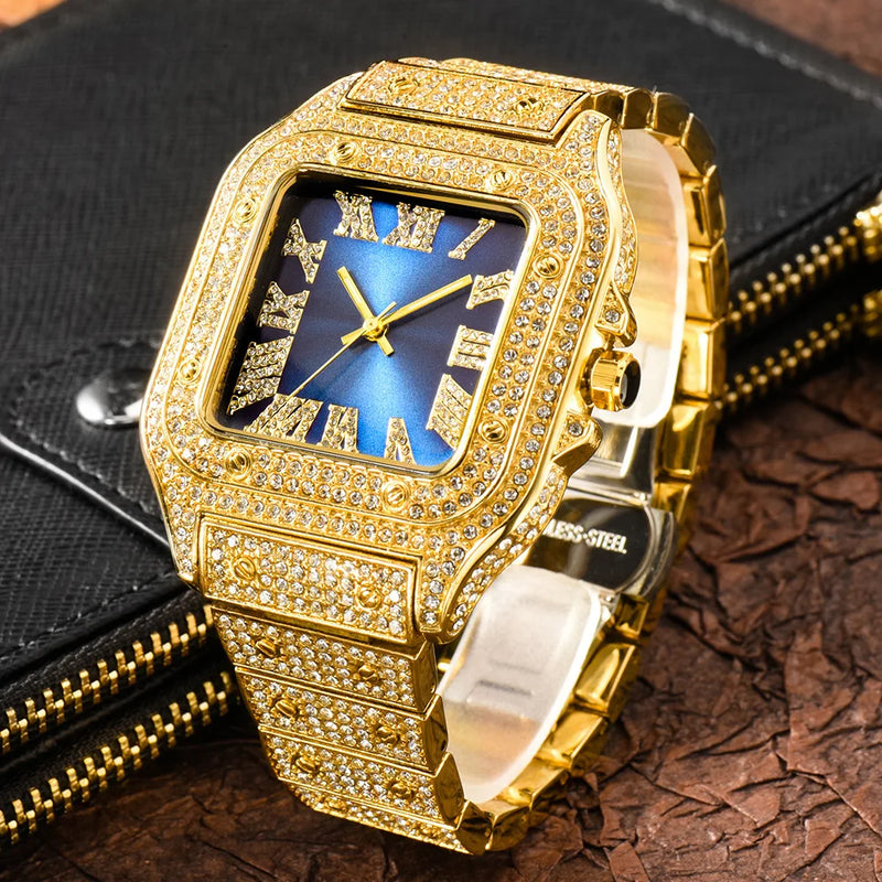 Fashion Iced Out Square Dial Wrist Watch Quartz Men's Watch High Quality Classic Jewelry For Gift Top Business Brand Watch