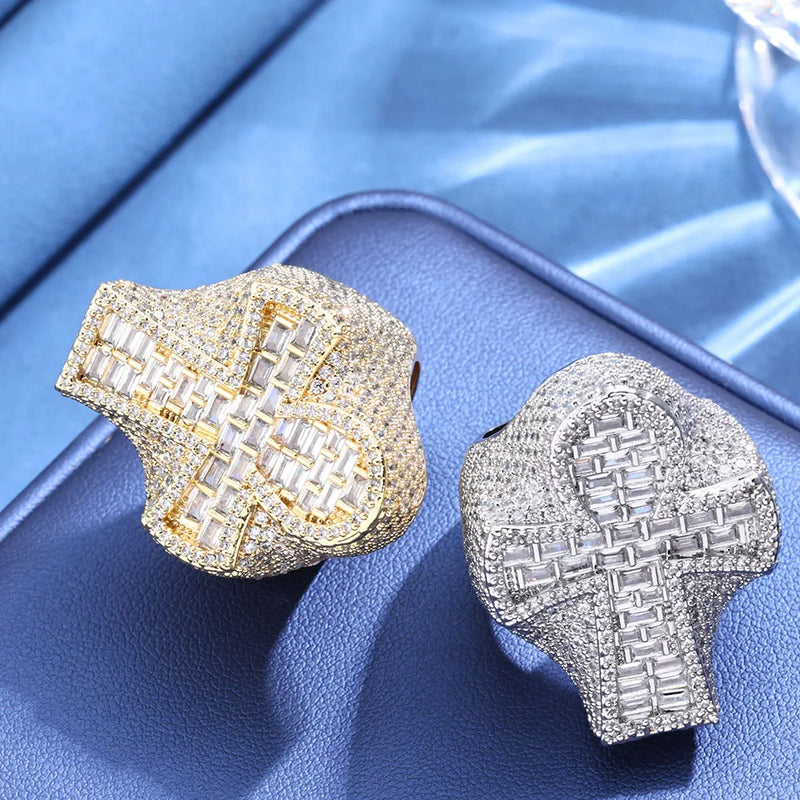 Round T-shaped Diamond Holiday Gift Cuban Men's Ring Sparkling 18k Gold-Plated Cross Ring Hip-Hop Style Iced Out Diamond