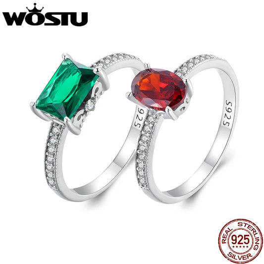 WOSTU 925 Stelring Silver Purple Red Green AAA Zircon Wedding Rings For Women Delicate Bride Engagement Oval Square Party Ring