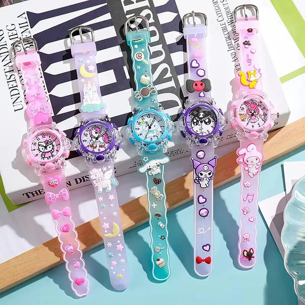 Kawaii Sanrio Watch Cinnamoroll Melody Children LED Luminous Watch Kuromi Hello Kitty Student Wrist Watch Kids Birthday Gift Toy
