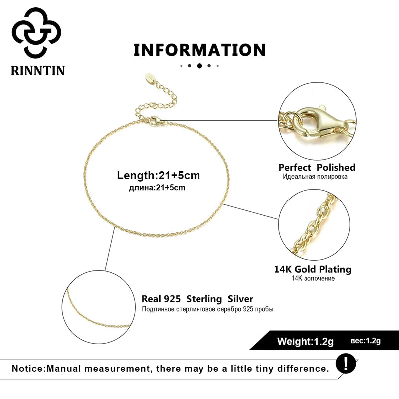 Rinntin S925 Silver Ankle Chain Bracelet for Women Girls Leg Foot Chain Summer Beach Style Trendy